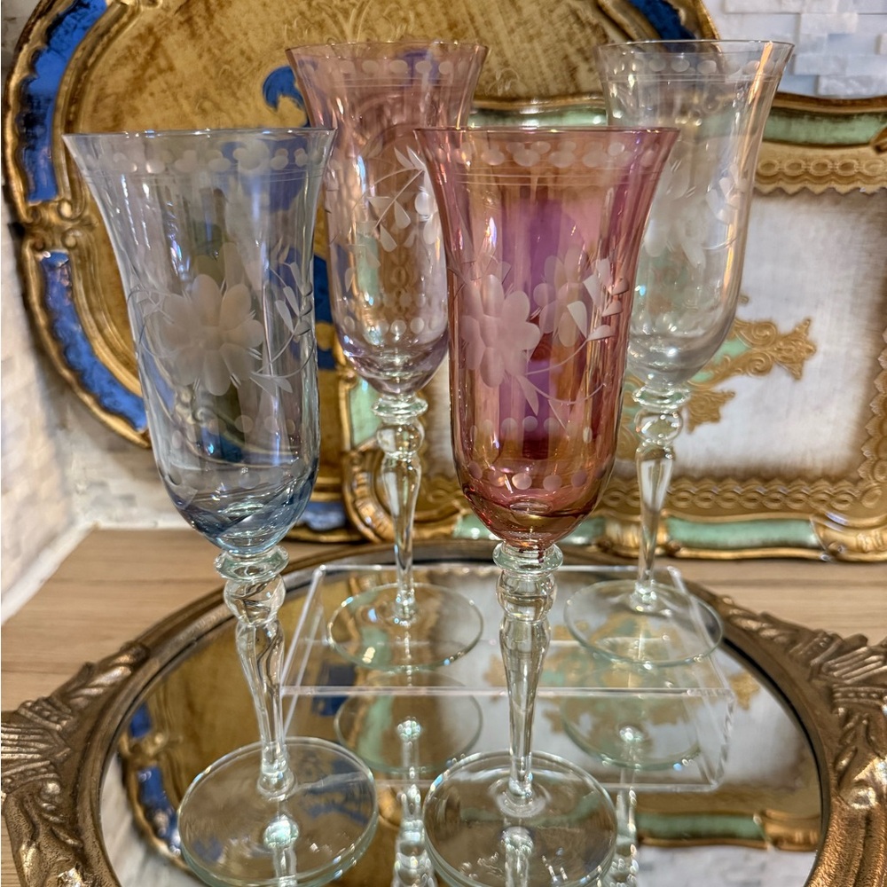Royal Danube Amethyst Cut Floral Champagne Flutes | Set of 4 Antique Glasses